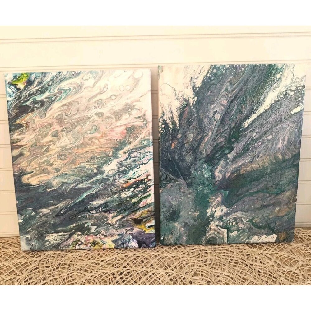 SET/2 Coastal Waves Flow Fluid Art, Hand Painted, Swipe and Spin Abstract, EUC